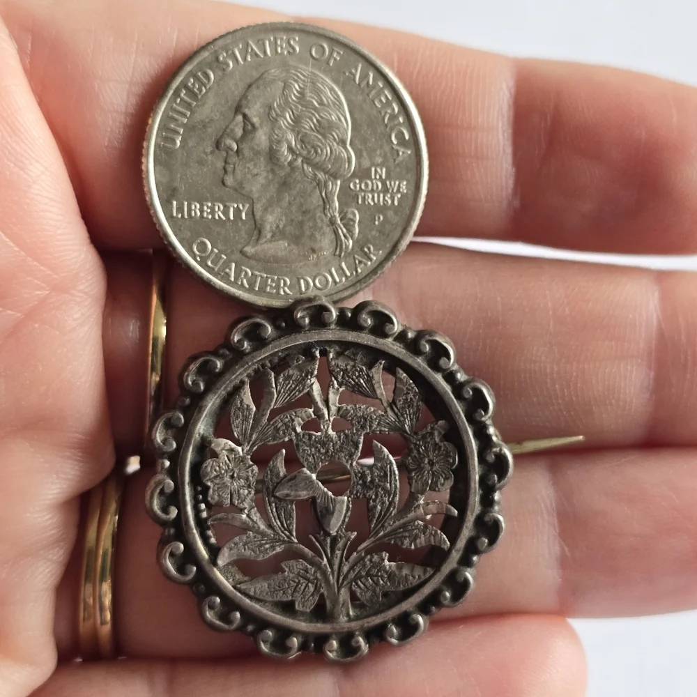Antique floral brooch Victorian flowers silver tone cutout vintage old pin